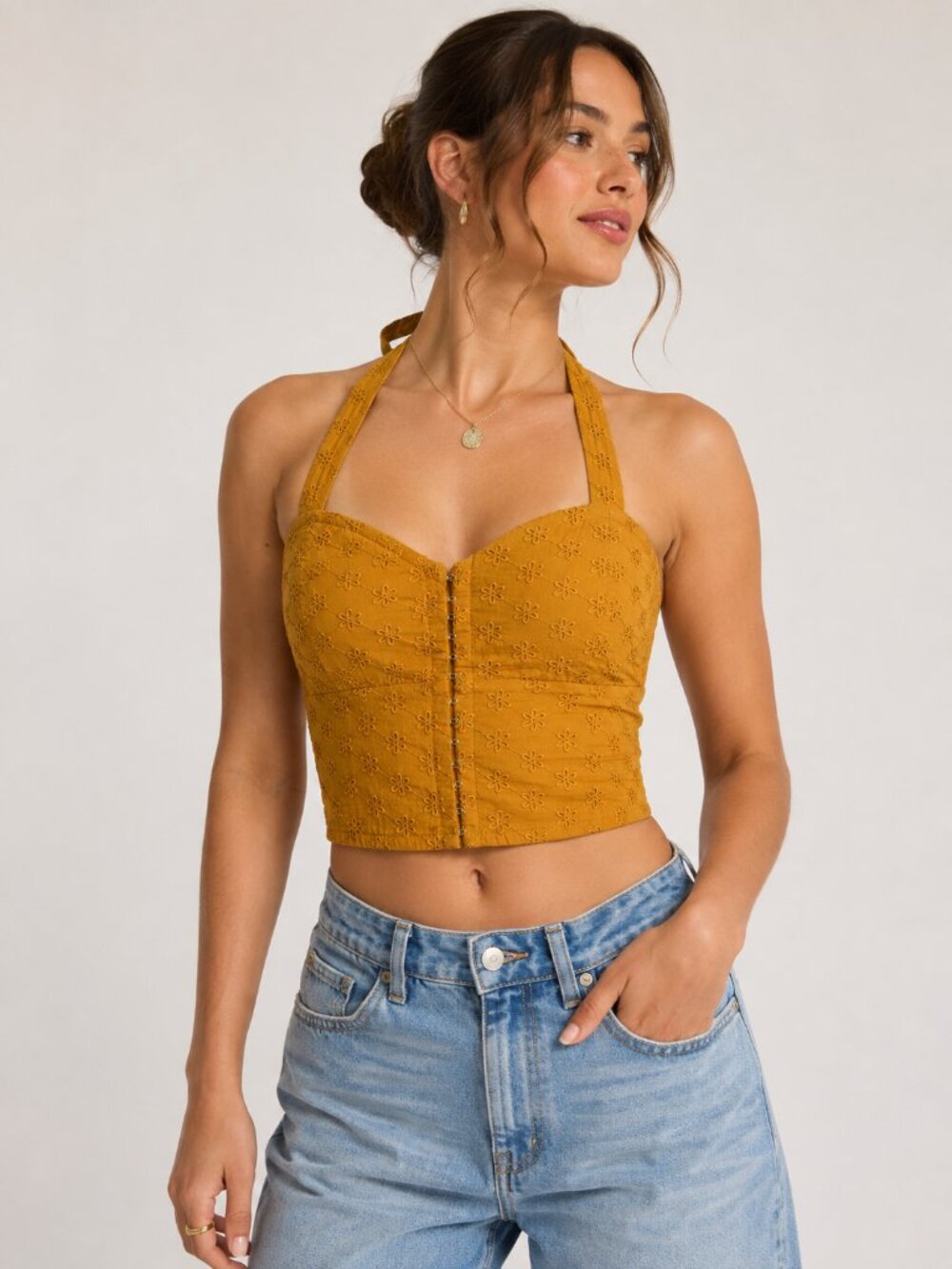 American Eagle Mustard Eyelet Halter Crop Top Women’s XL